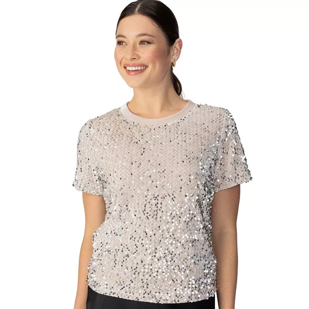 NWT SANCTUARY The Perfect Sequin Tee Pullover Crewneck Taupe - Medium